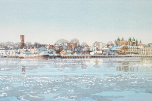 Reproducerad akvarell/giclée - Kalmar hamn en vinterdag